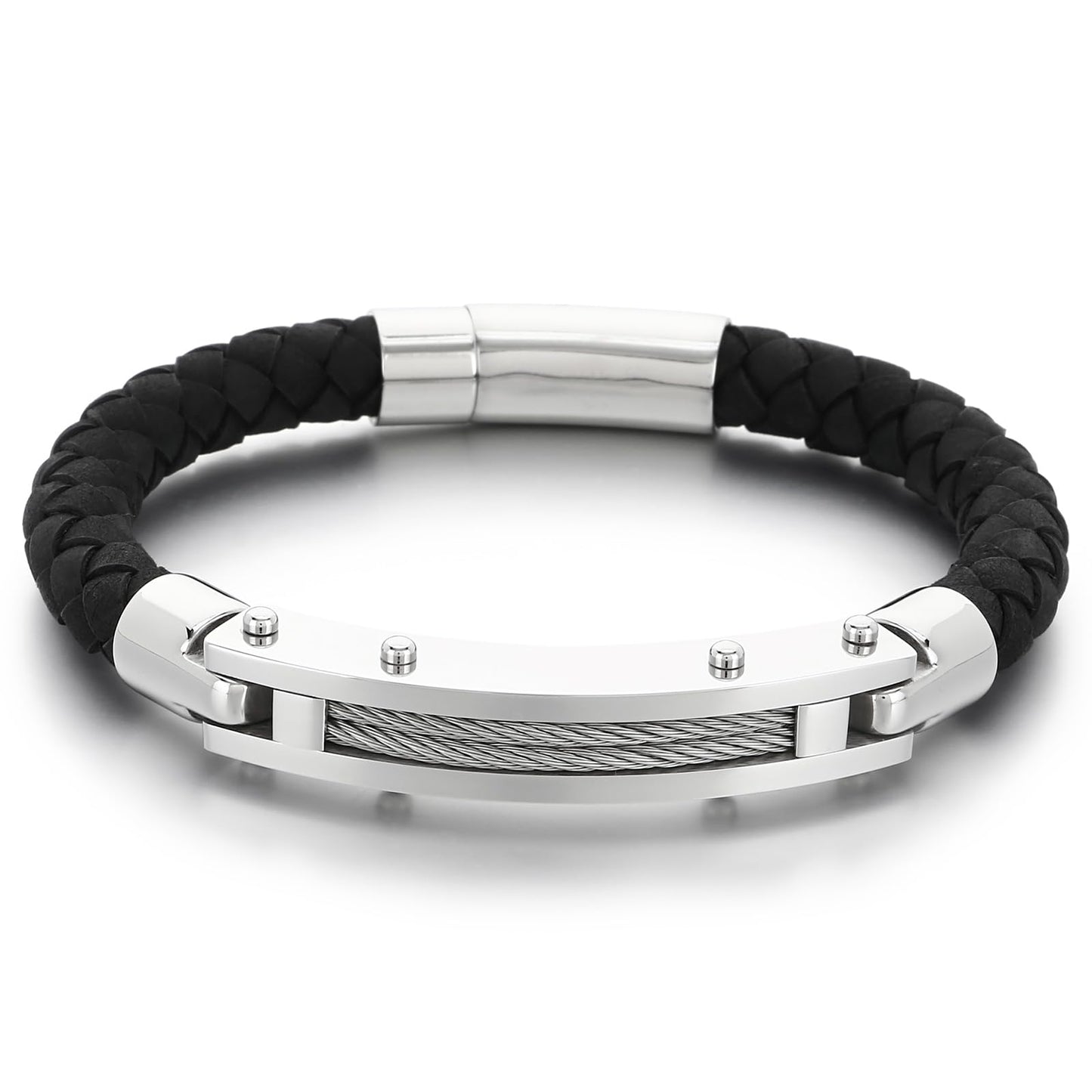 Azubpi Black Braided Leather Bracelet for Men, Stainless Steel Push-In Clasp Casual Fashion Jewelry Gift for Him
