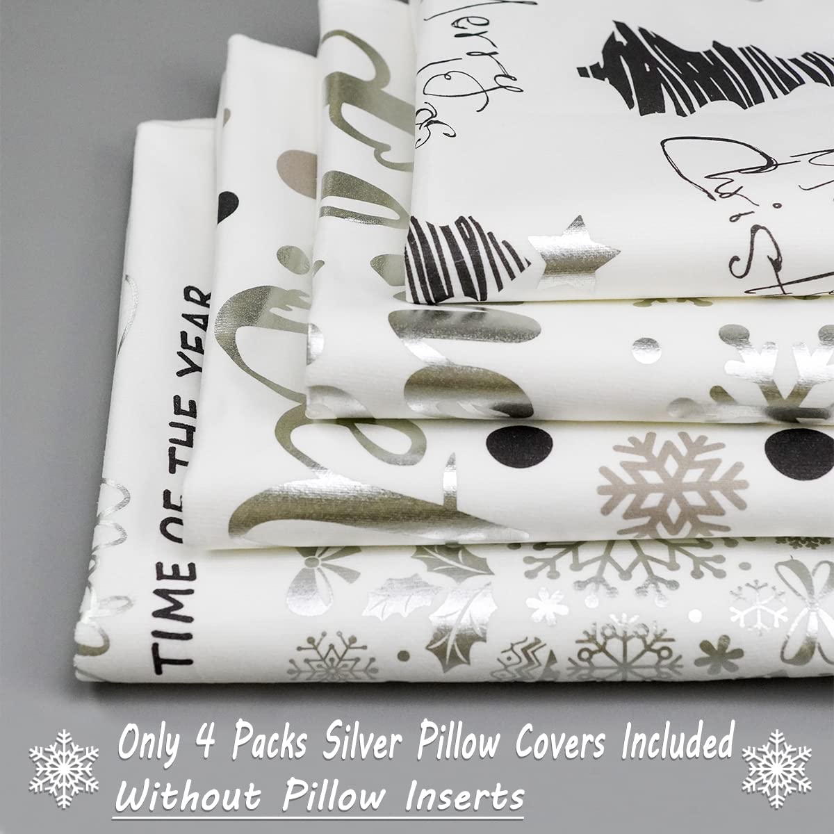 JOJOGOGO Christmas Decorations Silver and White Christmas Pillow Covers 18x18 Set of 4, Silver Xmas Decor Snowflake Christmas Tree Let It Snow Decorative Throw Pillows for Bedding Couch Sofa
