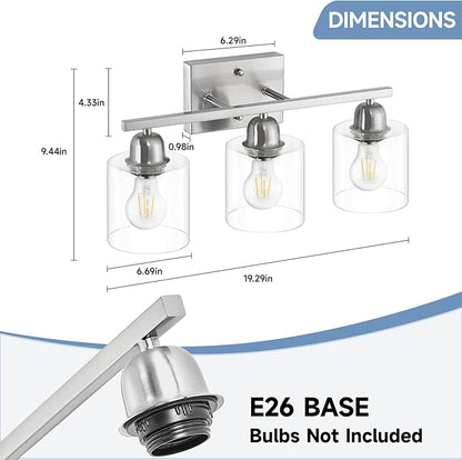 Modern Brushed Nickel 3 Light 19 inch Vanity Lights for Bathroom with Clear Glass, Bathroom Lighting Fixtures Over Mirror for Mirror Kitchen Living Room Hallway Cabinet Porch