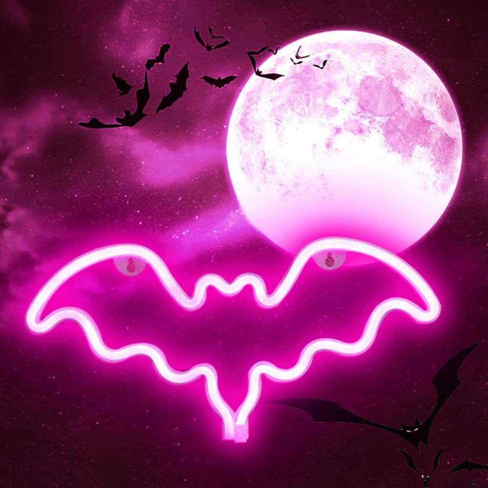 Vicila LED Neon Bat Lights Halloween Decor, Bat Shape Neon Signs Goth Night Lights Battery Operated Desk Table Lamp for Bedroom, Bar, Wall, Coffin Decor-Bat(Pink)