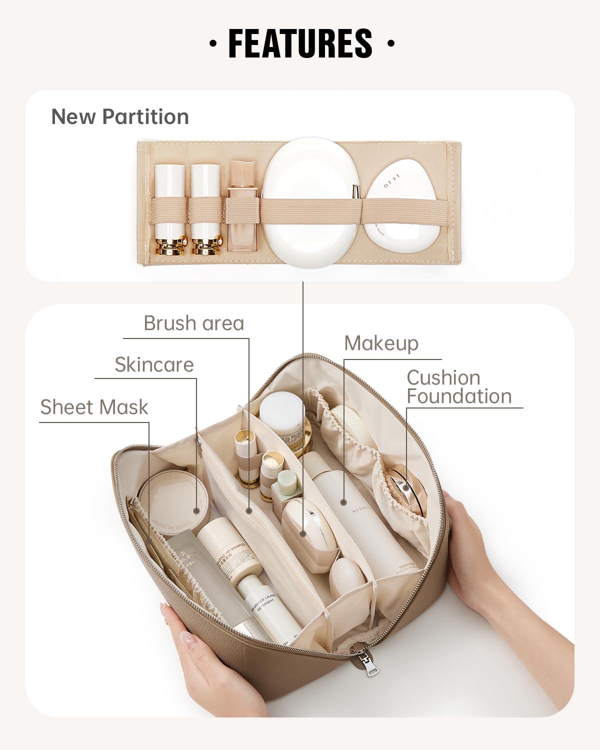 EACHY Travel Makeup Bag, Lychee Leather Large Capacity Cosmetic Bag for Women, Open Flat Toiletry Bag with TPU Brush Compartment, Waterproof Skincare Organizer Travel Essentials