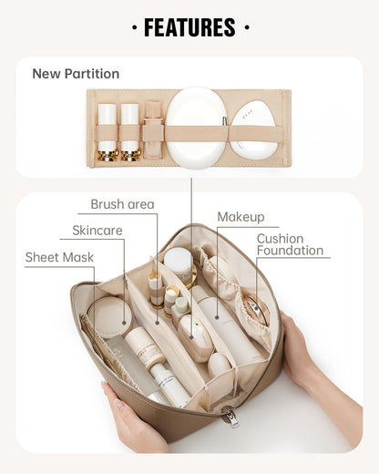 EACHY Travel Makeup Bag, Lychee Leather Large Capacity Cosmetic Bag for Women, Open Flat Toiletry Bag with TPU Brush Compartment, Waterproof Skincare Organizer Travel Essentials