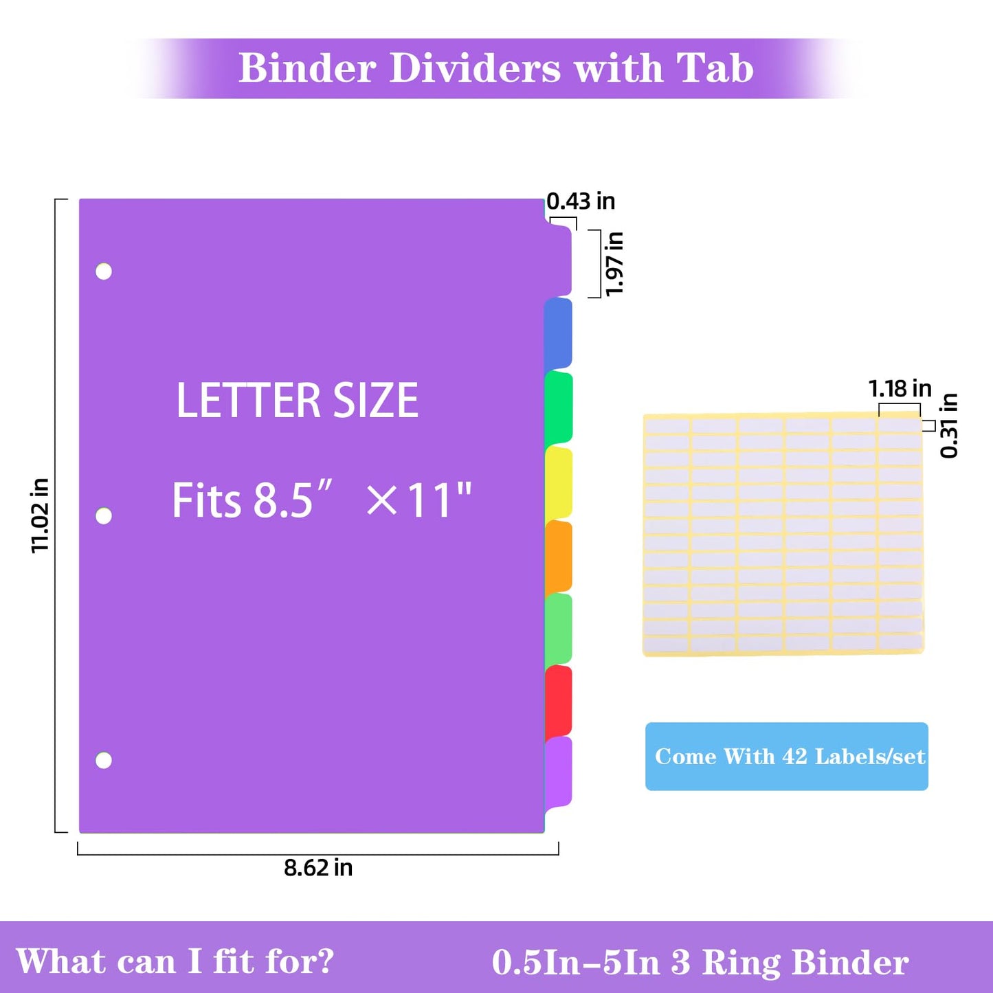 Binder Dividers for 3 Ring Binder,8 Tab Plastic File Dividers, Multicolor,Pack of 6sets(48 Dividers Total)