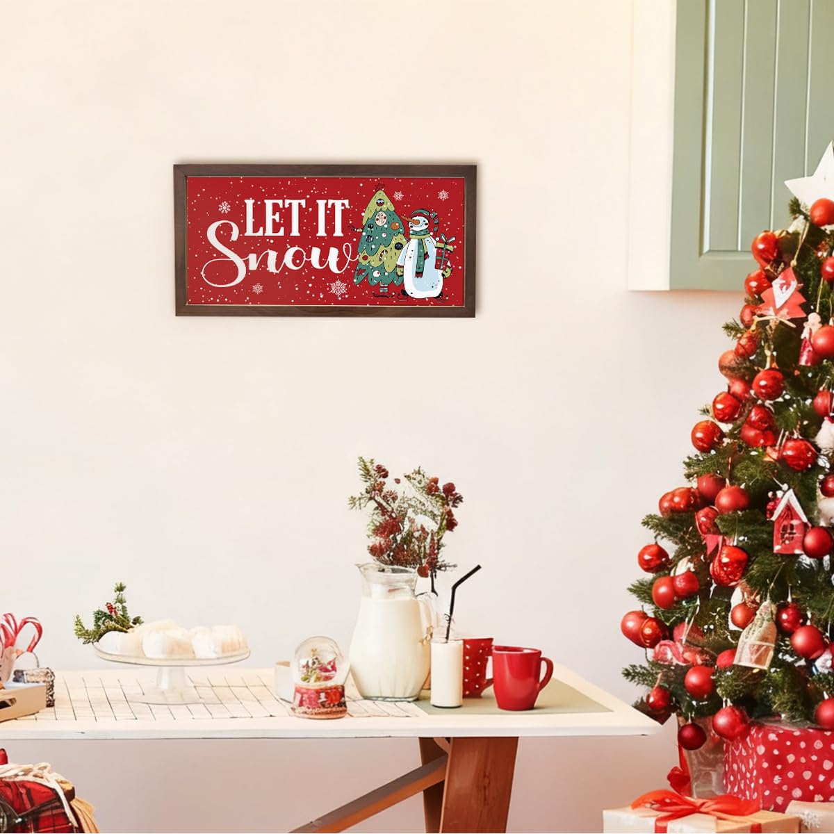 Let It Snow Sign, Snowflakes Decor, Christmas Vibe Wall Decoration, Snowman Christmas Trees Decors, Winter Home Decor, Living Room Decors, Rustic Framed Wooden Plaque 15×7.5×0.3 inches