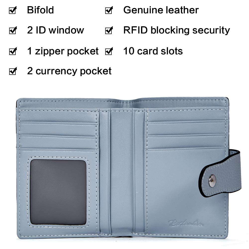 BOSTANTEN Women Leather Wallet RFID Blocking Small Bifold Zipper Pocket Wallet Card Case Purse with ID Window Blue