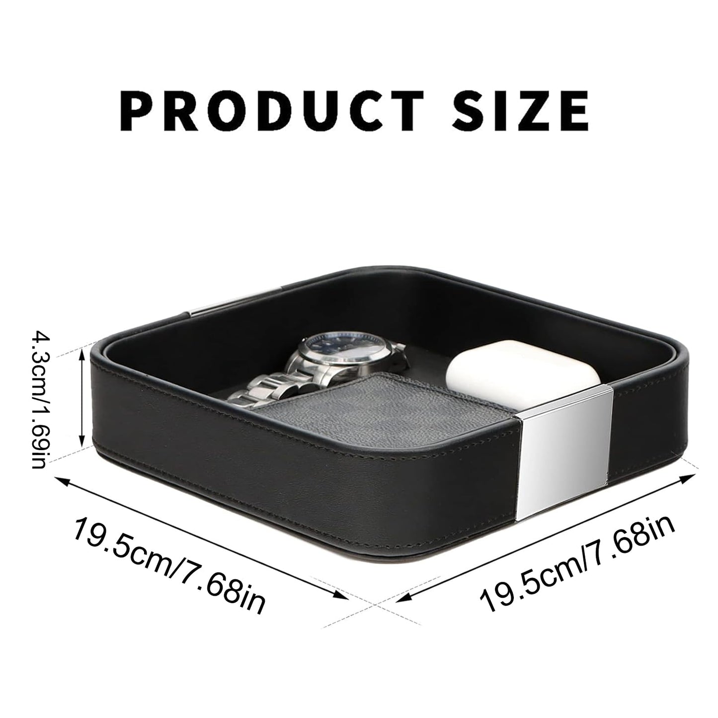 SANZIE Luxury Leather Desktop Storage Small Catchall Organizer Decorative Tray for Entryway Table to Hold Jewelry Watch Cosmetics Keys Phone Wallet, Home & Office Accessories (Metal Silvered, Black)
