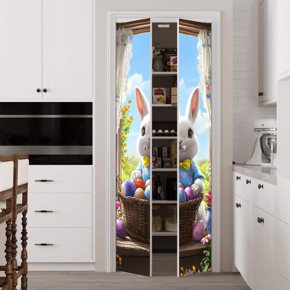 WDESYADMS PVC Self Adhesive Door Sticker 30.3x78.7 Inch Easter Bunny with Basket of Eggs Design Peel and Stick Decorative Door Decal for Bedroom Living Room Entryway Spring Home Decor