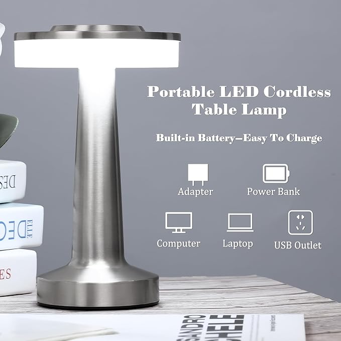 VIHOSE 8 Pcs 8 Pcs Cordless Table Lamps LED Portable Rechargeable Table Lamp with Touch Sensor 3 Color Dimming up to 15 Hours Battery Desk Light for Restaurant Nursery Living Room (Silver)
