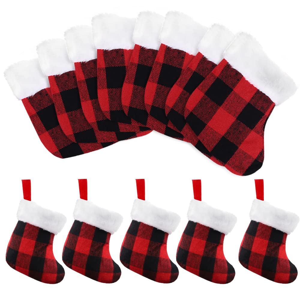 XIMISHOP 12PACK Mini Christmas Stockings 7” Double Side Xmas Red Buffalo Plaid Fireplace Hanging Stocking with Plush Cuff for Christmas Tree Decor
