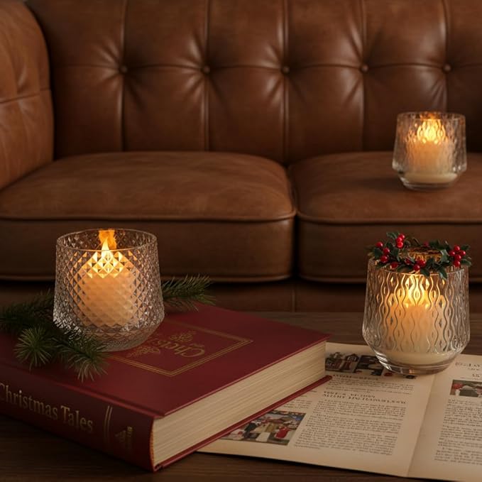 LED Glass Candle Set, Remote Control, USB Rechargeable, 3 Pattern Flickering Flames, Warm White Light