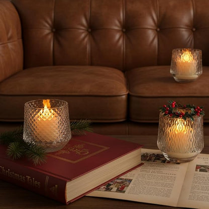 LED Glass Candle Set, Remote Control, USB Rechargeable, 3 Pattern Flickering Flames, Warm White Light