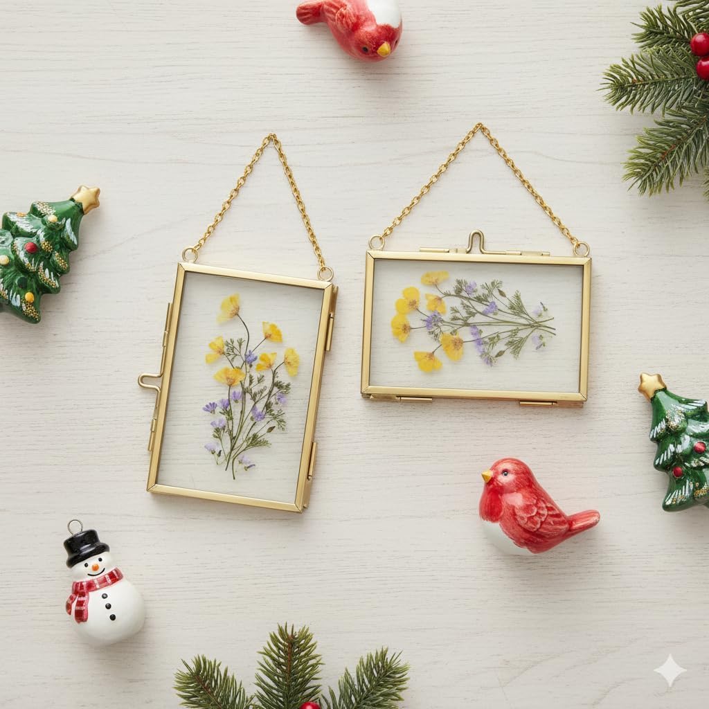 FOCHIER F 4 Pcs Pressed Flower Frame, Wall Hanging Tabletop Display Double Glass Frames with Metal Chain for Pressed Dried Flowers Plants, Horizontal and Vertical Picture Frame, Black, FRAMES ONLY