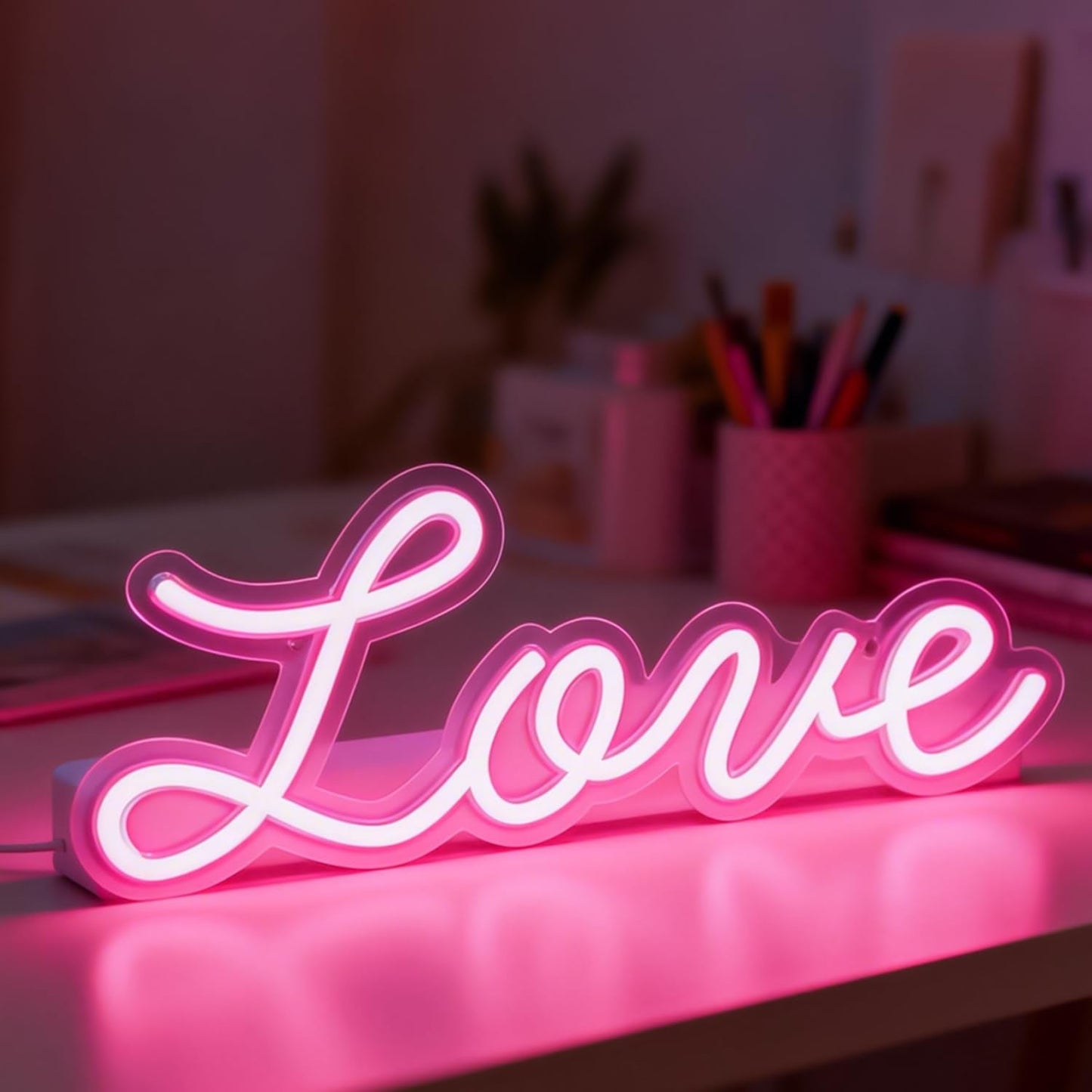 Miootly Love Neon Sign, LED Love Light up Sign Wall Decor for Girl Bedroom Christmas Valentine's Day Wife Women Birthday Gift Living Room Home Decor, 16"x 6" USB Powered 10 Pink Brightness Light up