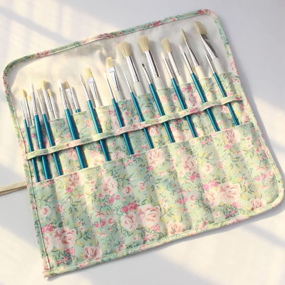 Funny live Paint Brush Holder Art Supplies, Artist Brush Holder & Storage Organizer Roll-Up Case Bag, Protect Acrylic Oil Watercolor Paintbrushes (Pink Rose 20 Slot Pockets)