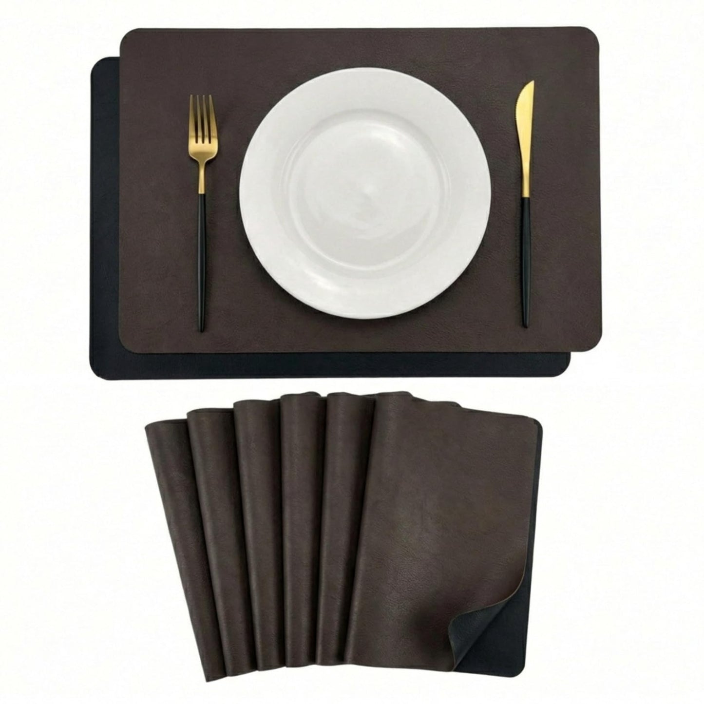 Premium Faux Leather Placemats Set of 6 – Waterproof, Heat-Resistant, Reversible & Non-Slip Table Mats for Kitchen, Dining, Indoor/Outdoor Use (Black & Dark Brown)