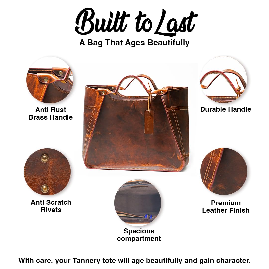 The Tannery Large Genuine Full Grain Leather Tote Bag for Women, Purse for Work Travel and Everyday Use, Stylish Durable Shoulder Handbag with Zipper Fits Laptop (Red Brown)