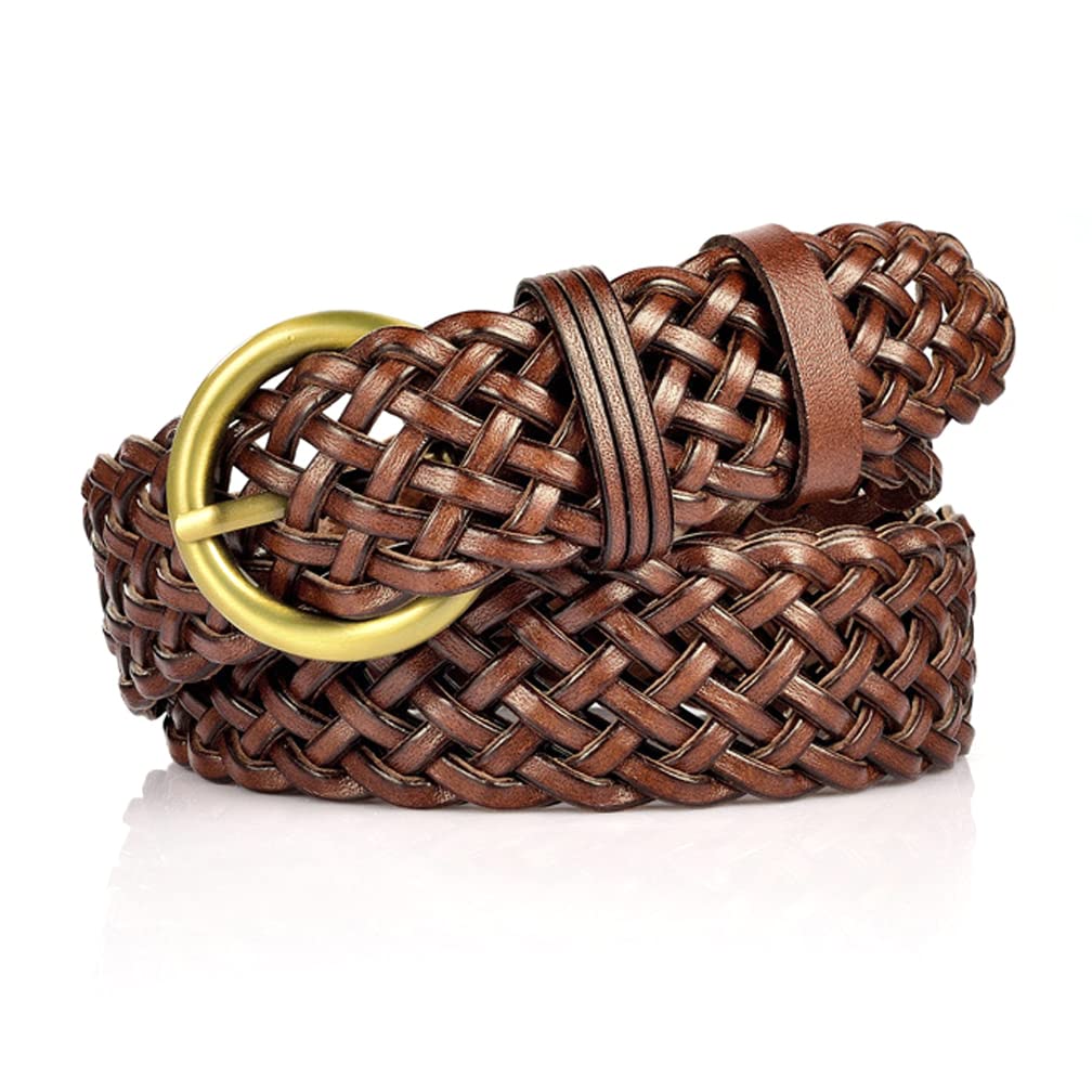 ANNULOYA Women Leather Braided Belts for Dress 1.2 Inch Hand Made Soft Girls Woven Wasitbands with Round Gold Buckle (Brown, Free Size)