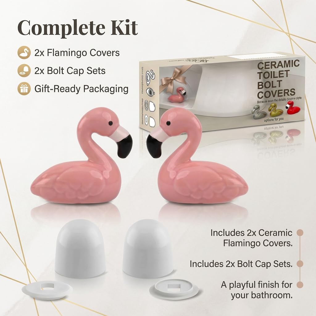 Flamingo Toilet Bolt Covers Decorative - 2PCs Cute Ceramic Toilet Bolt Caps for Bottom of Toilet, Pink Bathroom Christmas Decor Screw Covers, Flamingo-Gifts for Women