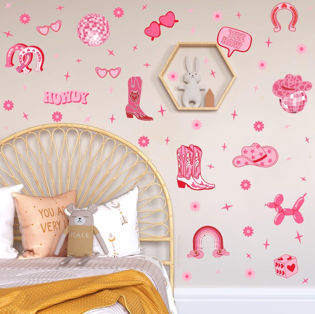 YIMEHDAN Pink Cowgirl Wall Decal, Boots Horseshoe Iron Hat Disco Ball Vinyl Wall Stickers, Removable Preppy Western Girls Artwork for Teen Bedroom Dormitory Decor