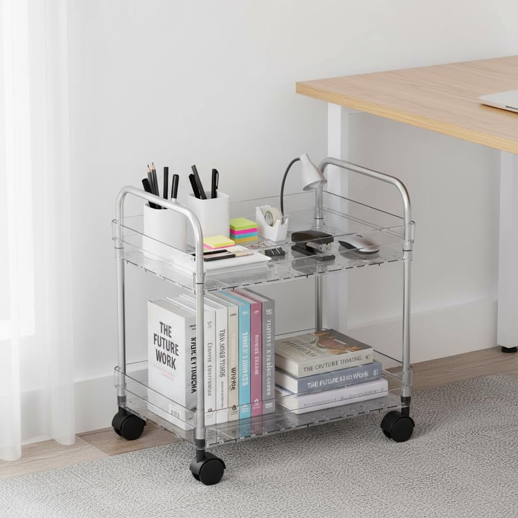 2 Tier Utility Rolling Cart with Wheels Multifunctional Storage Cart Under Desk Storage Organizer with Handle and Hooks for Home Kitchen Office Bathroom Organization Transparent