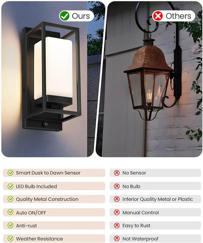 SHIMR Outdoor Wall Light with Dusk to Dawn Sensor, Black Outdoor Light Fixture with LED Bulb Included, E26 Base, Waterproof Exterior Sconce for Porch Garage Front Door