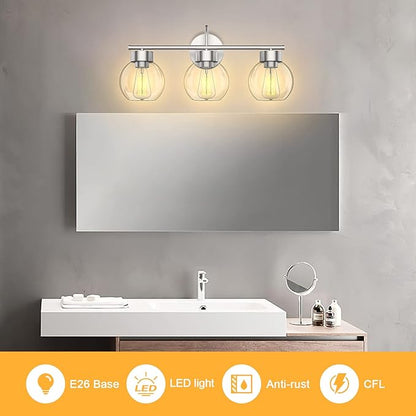 EAPUDUN 3 Light Bathroom Vanity Light, Brushed Nickel Bathroom Light Fixtures with Clear Glass Shade Wall Sconce, Porch Wall Lamp for Mirror, WLA1435-BNK
