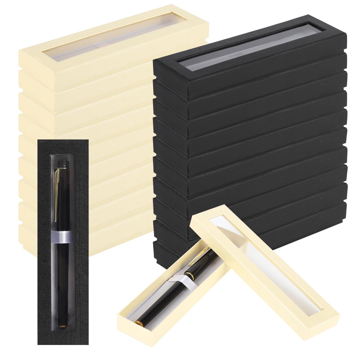 BUWUSMU 42 Pcs Empty Pen Gift Box, Pen Case with Cushion, Clear Lid Cardboard Box, Display Case for Gift, Office Supplies, Birthday Souvenir, Presentation, Jewelry, Christmas (Black, White)