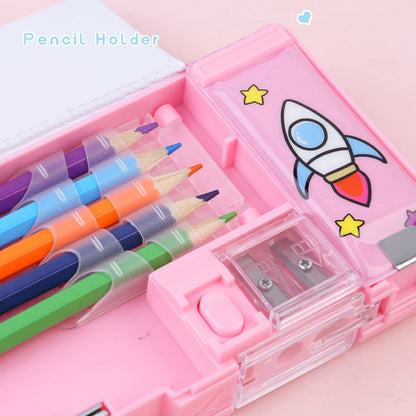 LilyBeauty Pop Up Multifunction Pencil Case for Girls and Boys, Cute Cartoon Pen Box Organizer Stationery with Sharpener, Schedule, School Supplies, Best Birthday Gifts for Kids【Pink-Bear】