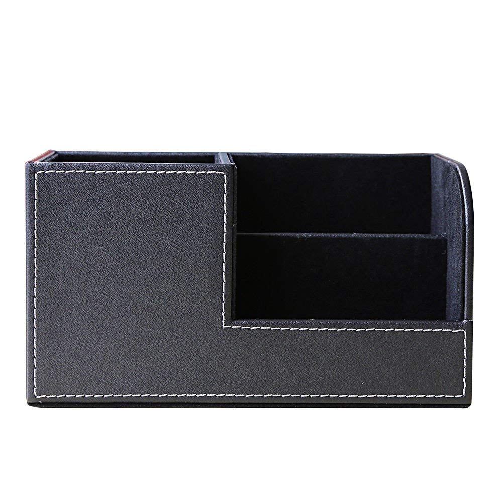 KINGFOM Desk Organizer Office Supplies Caddy Pu Leather Multi-function Storage Box Pen/Pencil,Cell phone, Business Name Cards Remote Control Holder Black