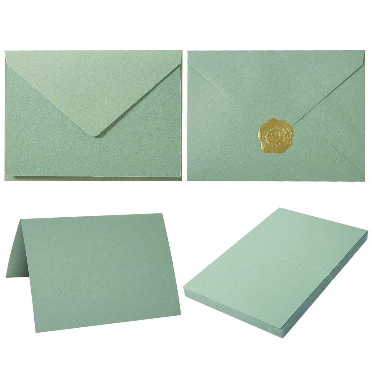 50 Pack Sage-Green A6 Envelopes with Cards 4x6 Thick Folded Cardstock and Gold Stickers for Greeting Cards, Wedding, Birthday, Invitations, Baby Showers (Sage-Green, 4x6)