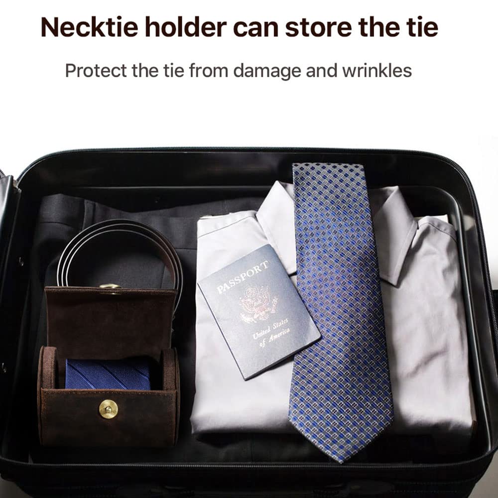 CONTACTS Tie Travel Holder for Men Crazy Horse Leather Handmade Ties Case Small Neckties Organizer Mens Tie Anti Wrinkle Storage Roll