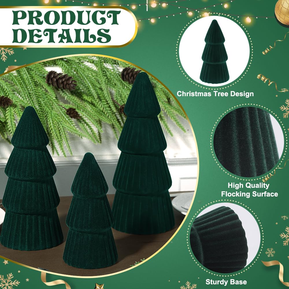 JOICEE Christmas Decorations Indoor, 3 Pcs Velvet Ceramic Christmas Trees Green Modern Cone Tabletop Trees for Xmas Winter Home Room Holiday Decorations Entryway Table Mantel Centerpiece Decor