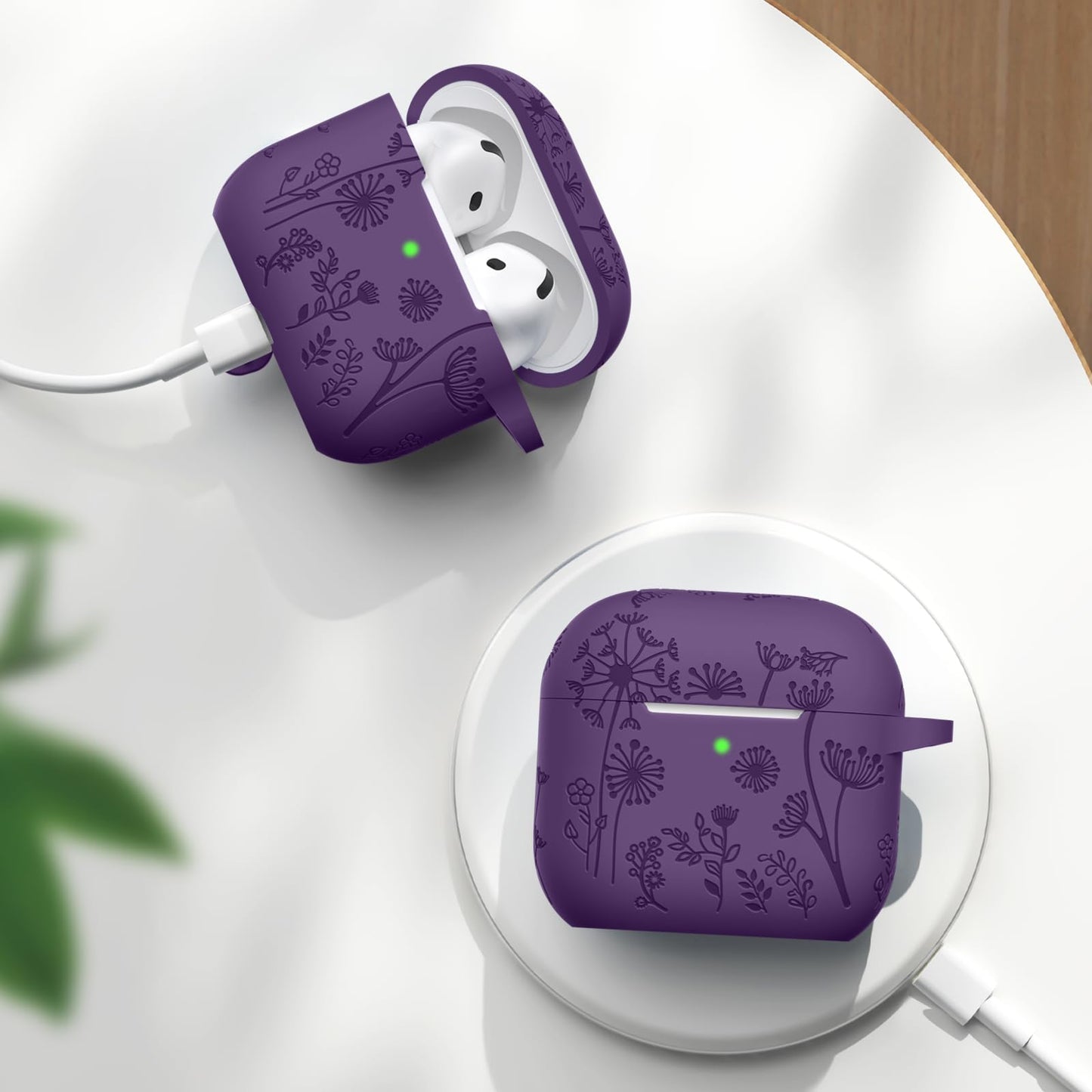 Lerobo for Airpods 4 Case Cover with Cleaner Kit, Stylish Flower Engraved Silicone Shockproof Case Cover with Keychain Compatible with Apple Airpods 4 Case 2024,Front LED Visible, Purple