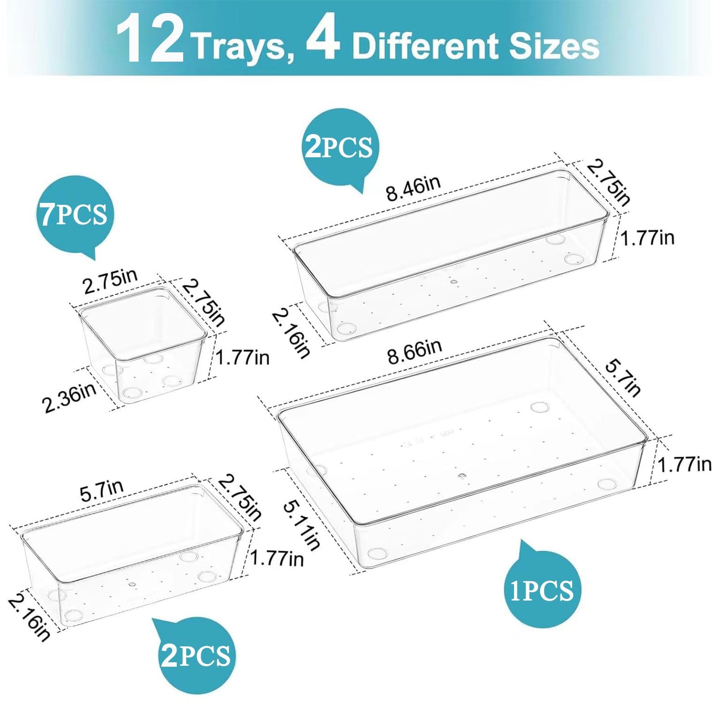 Manalete Drawer Organizers Set of 12, 4 Sizes Clear Plastic Drawer Organizers and Storage Bins for Kitchen, Bathroom, Office, Dresser Desk Drawer Organizer Tray for Jewelry, Makeup, Junk, Gadgets