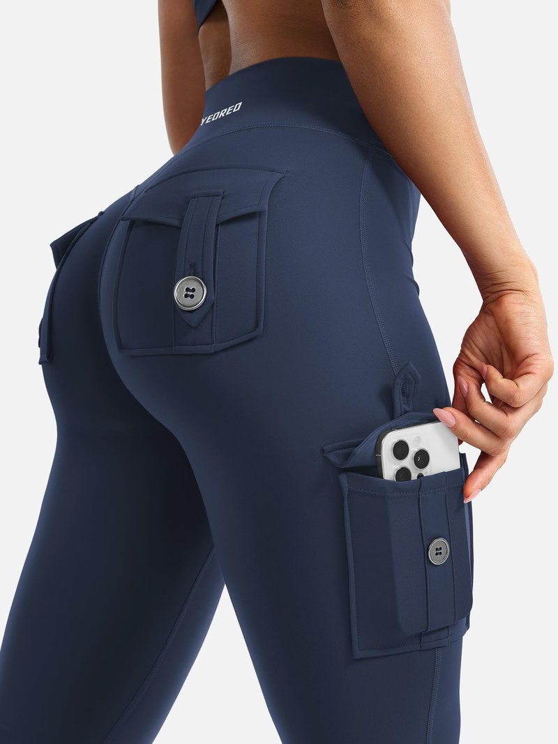 YEOREO CoreFlex Women Workout Flare Leggings with Pockets Scrunch Cargo Gym Yoga Leggings Blue Navy S