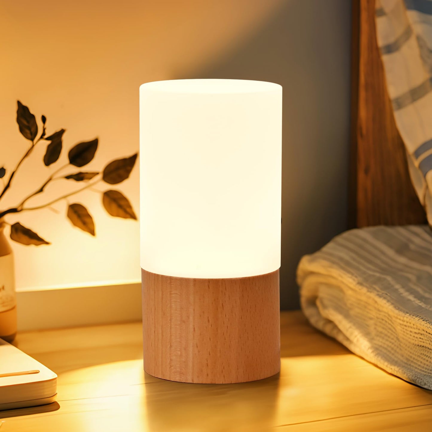 YIEONSHION Creative Wooden LED Desk Lamp, Dimmable Bedside Night Light for Bedroom, Warm Ambient Lighting Table Lamp, Modern Home Décor Accent Light, Unique Housewarming Gift
