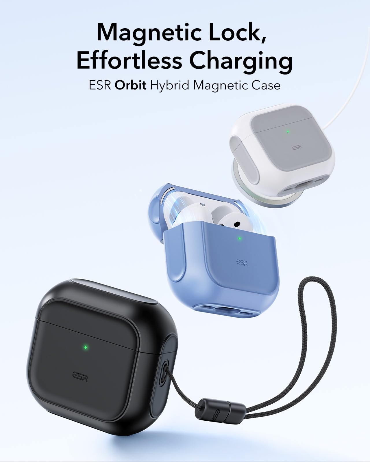 ESR for AirPods 4 Case, Compatible with AirPods 4th Generation Case (2024) (USB-C), Compatible with MagSafe, Drop Protection Cover with Lanyard, Magnetic Lid Lock, Orbit Hybrid Series, Black