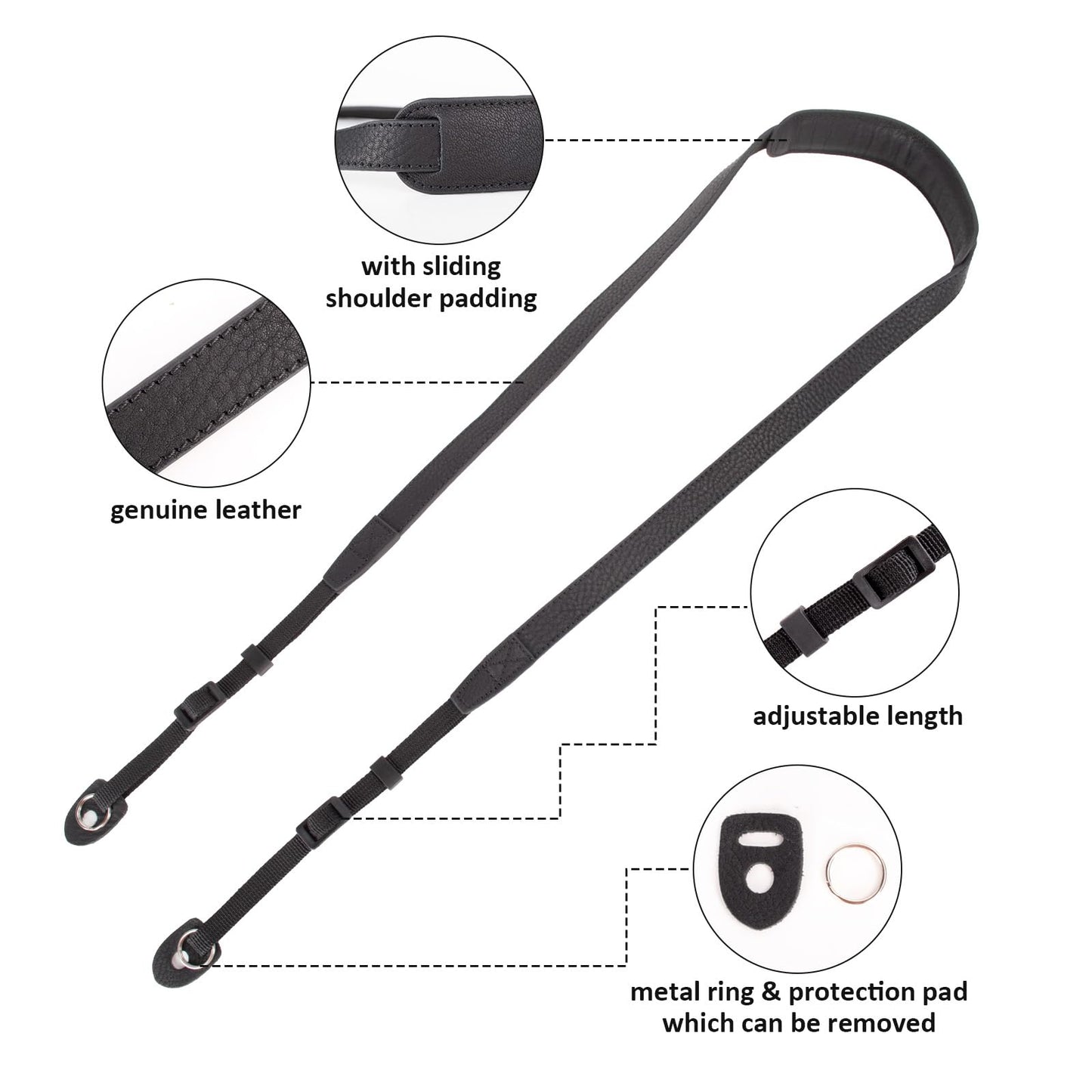 MUZIRI KIINOKOO Camera Strap Genuine Leather with Nylon Belt - Adjustable Shoulder Neck Strap Comes with Triangular Rings for Most of Digital Cameras- Length 90cm to 140cm - Black