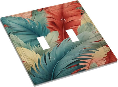 Colorful Feathers Blue Red Light Switch Covers Double Toggle 2 Gang Wall Plate Dual Decorative Switchplate Electrical Faceplate for Farmhouse Decor