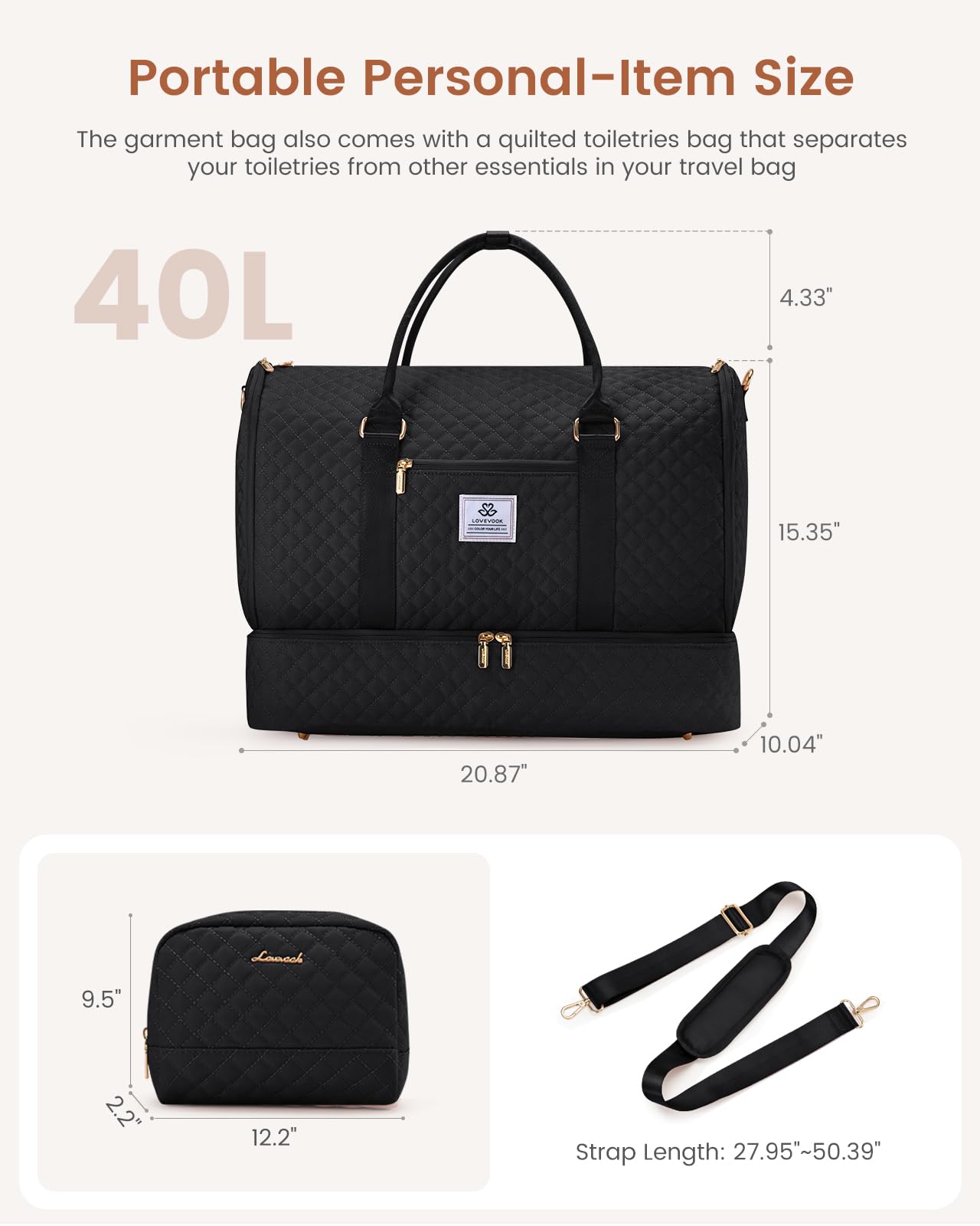 LOVEVOOK Convertible Garment Bag for Travel with Shoe Compartment, Carry On Garment Duffel Bag with Toiletry Bag, 2 in 1 Hanging Suitcase Suit Bag, Weekender Bag for Women Travel, Wedding, Black
