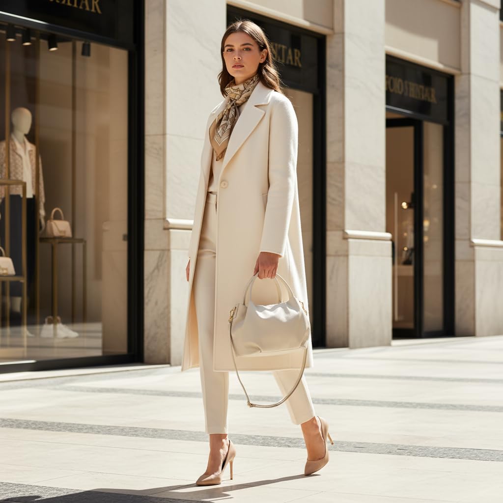 Italian Calfskin Top-Handle Bag for Women with Zipper & Detachable Strap | Small Shoulder Handbag Crossbody Purse (Beige)
