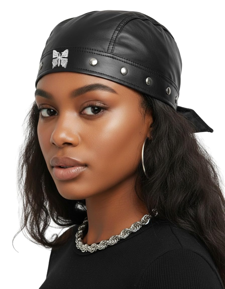 FurquGears Leather Biker Cap for Women Stylish Biker Doo Rag Headwrap for Riding Adjustable Motorcycle Black Skull Hat