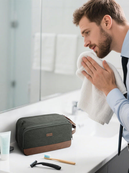 WANDF Toiletry Bag for Men Travel Toiletry Organizer Canvas and Leather Dopp Kit Water-Resistant Shaving Bag for Travel Accessories (Green, Patent Pending)