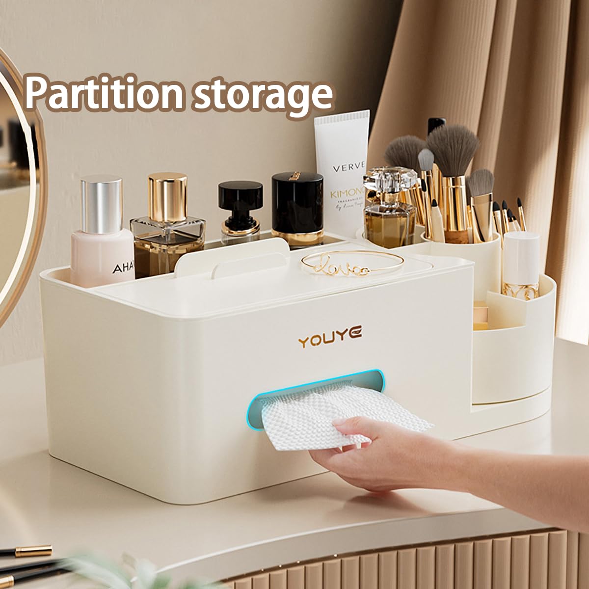 Aiabaleaft Multifunctional Organizer Rotating Brush Holder Makeup Organizer With Tissue Box for Study Table Living Room Dressers Home Office (White)