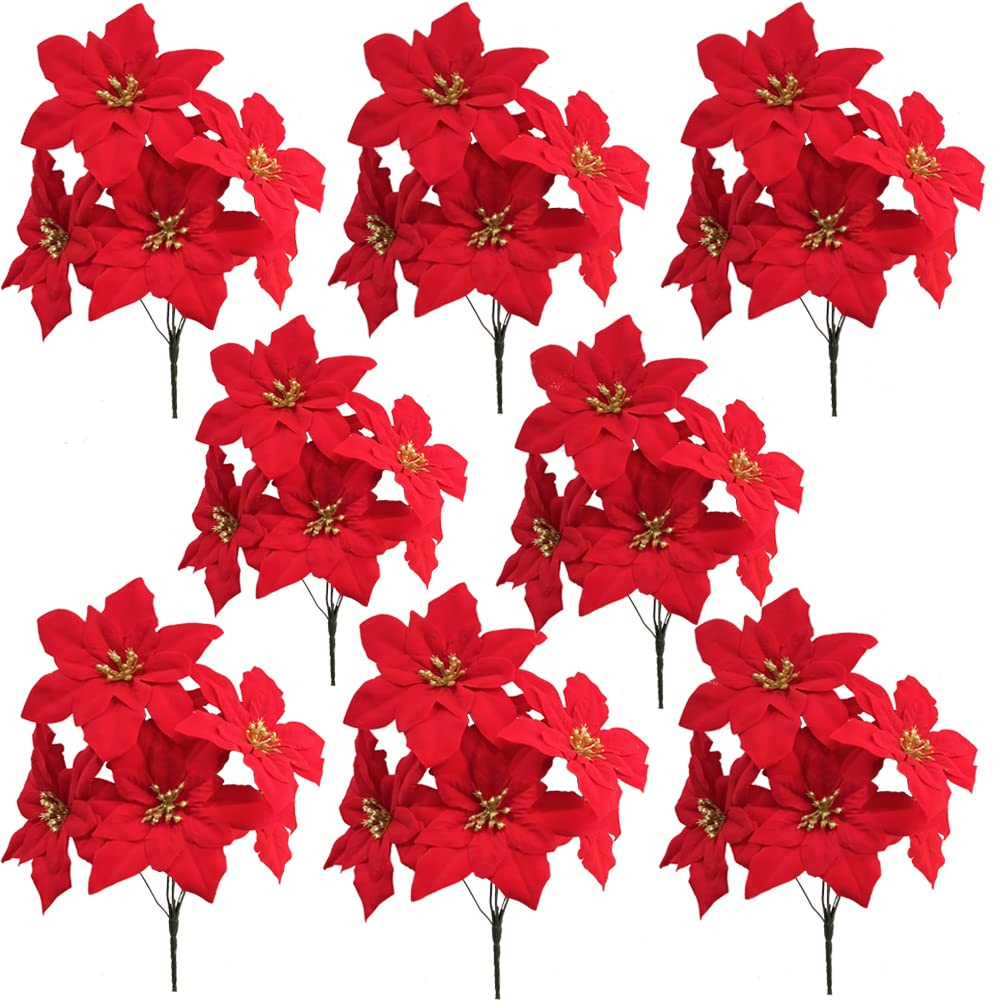 WISTART 8 Pack Christmas Artificial Poinsettia Flowers Velvet Plastic Floral Bouquet Small 7 Head Silk Red Shrub Fake Flowers Arrangement for Winter Indoor Outdoor Home Porch Xmas Holiday Decor