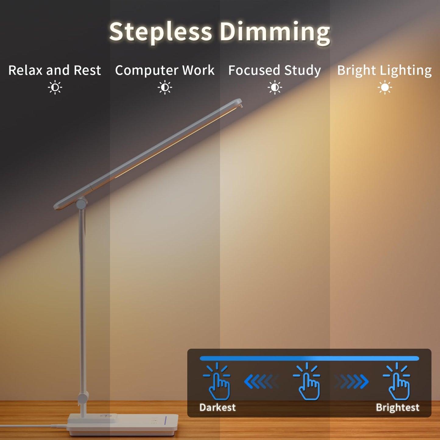 ELECTRI LED Desk Lamp, Touch Desk Light with USB Port, 5 Color & Stepless Dimming, 360° Rotatable ＆ Foldable, Reading Lamp for Table Study Work Office Nail Craft Puzzle(with Adapter) (White)
