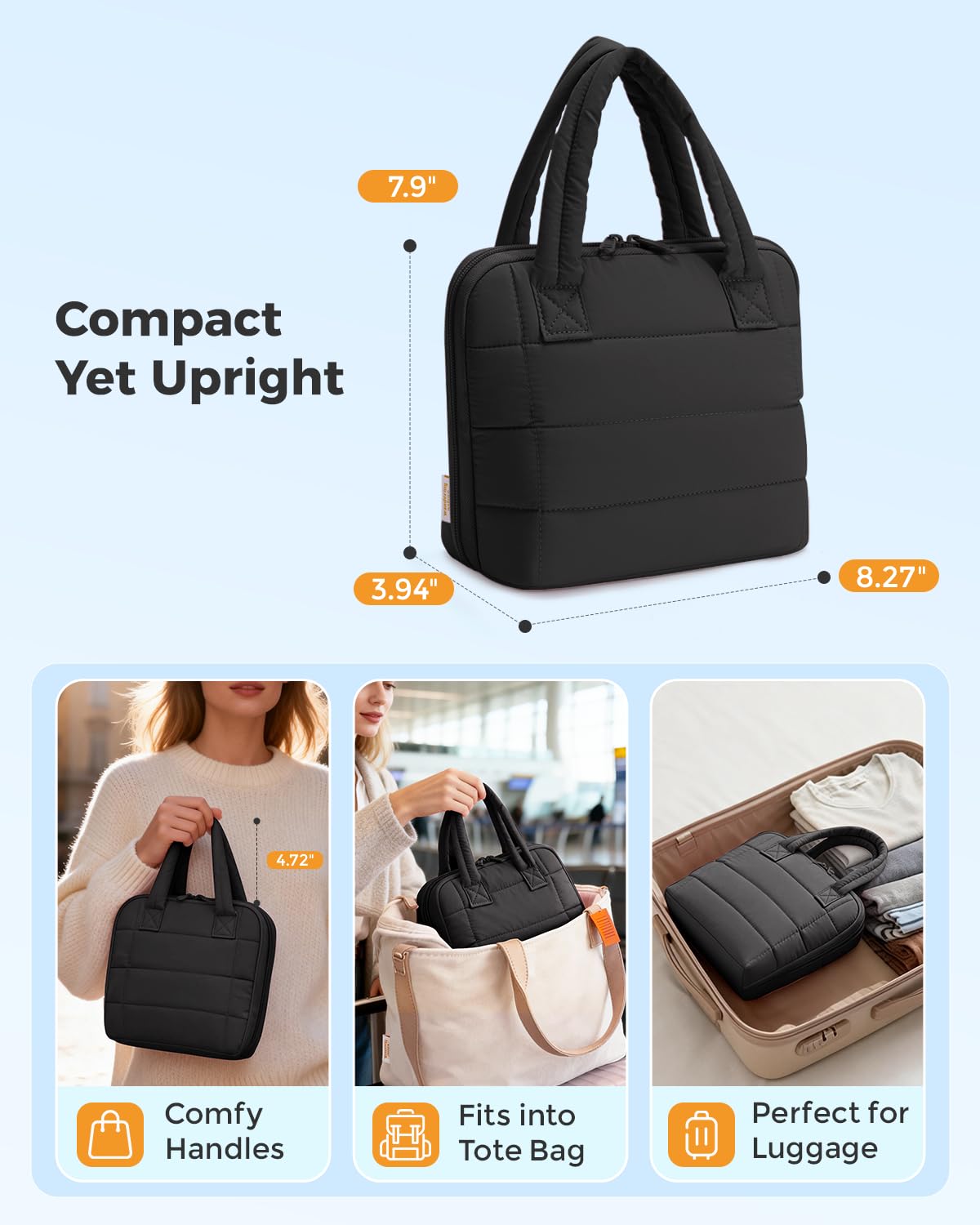 Wandering Nature Standing Makeup Bag for Travel, Portable Fold-down Cosmetic Organizer, Puffer Open Make Up Pouch with Handle & Divider & Brush Holder, Easy Clean Toiletry Bag with EVA Lining