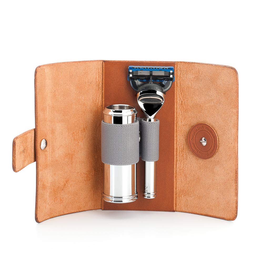 MÜHLE TRAVEL Vegetable-Tanned Cowhide Travel Case 5-Blade Razor & Travel Brush