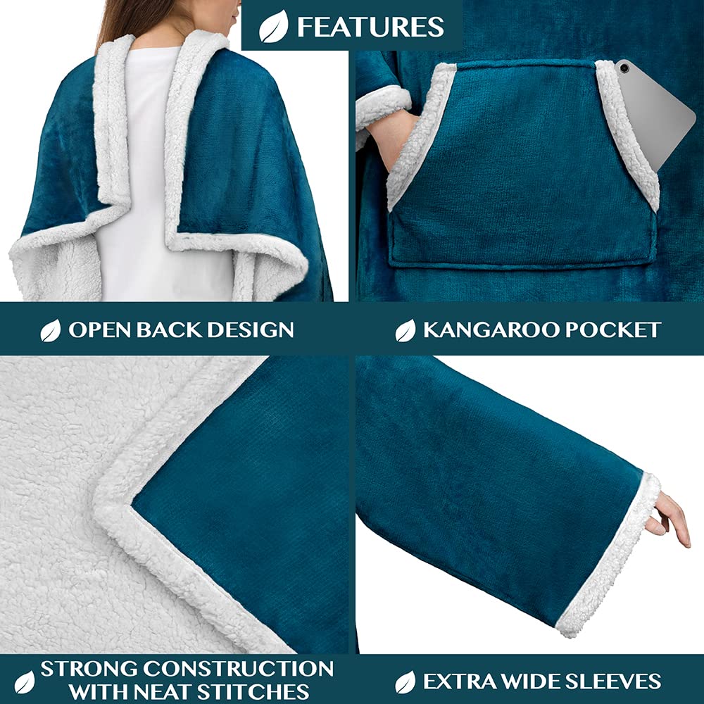 PAVILIA Sherpa Wearable Blanket with Sleeves and Pocket, Plush Thick Cozy Body Blanket Wrap for Adult Women Men, Christmas Gift for Wife Mom, Teal Blue