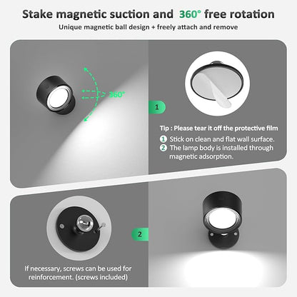 Lightbiz LED Wall Mounted Lights 3 Pcs with Remote, Wall Sconces Lamp 3000mAh Rechargeable Battery Operated, 3 Color Temperatures & Dimmable Magnetic 360° Rotation Cordless Light for Bedroom Bedside